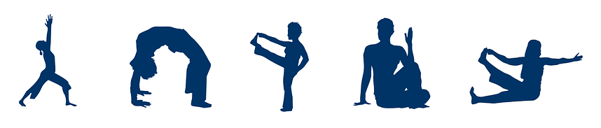 Silhouettes of 5 poses. First is called Warrior One. Standing with arms extended above head, palms together. One leg out to the front with knee bent, the other leg is back and straight. Second is called Upward Bow. The body is fully bend backwards with hands and feet on the floor and the head hanging down between the arms. Third is a Hand to Big Toe pose. Standing on one leg, other leg lifted straight out in front, same side arm stretched out holding the foot. Fourth is called Half Lord of the Fishes. Sitting on floor with twisted legs. One bent at the knee fully on the ground, the other bent at the knee which is facing upwards and crossing the first leg. One arm bend with elbow on knee, other arm behind body, hand on the ground. Fifth pose is another Hand to Big Toe. Sitting on the floor, legs extended.  One leg is lifted off floor with foot being held in the hand of outstretched arm.  Other arm is extended backwards, the body rotating to face backwards.
