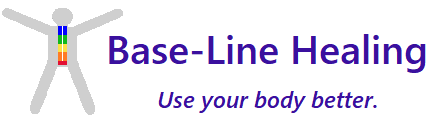 Base-Line Healing logo. Stick figure with arms outstretched above shoulder height, legs apart. Rainbow of colours up midline. Red at pelvic floor Base then a line of orange, yellow, green blue extending to the head. Showing the body aligned and balanced, the natural way to treat fibromyalgia. Use your body better slogan.